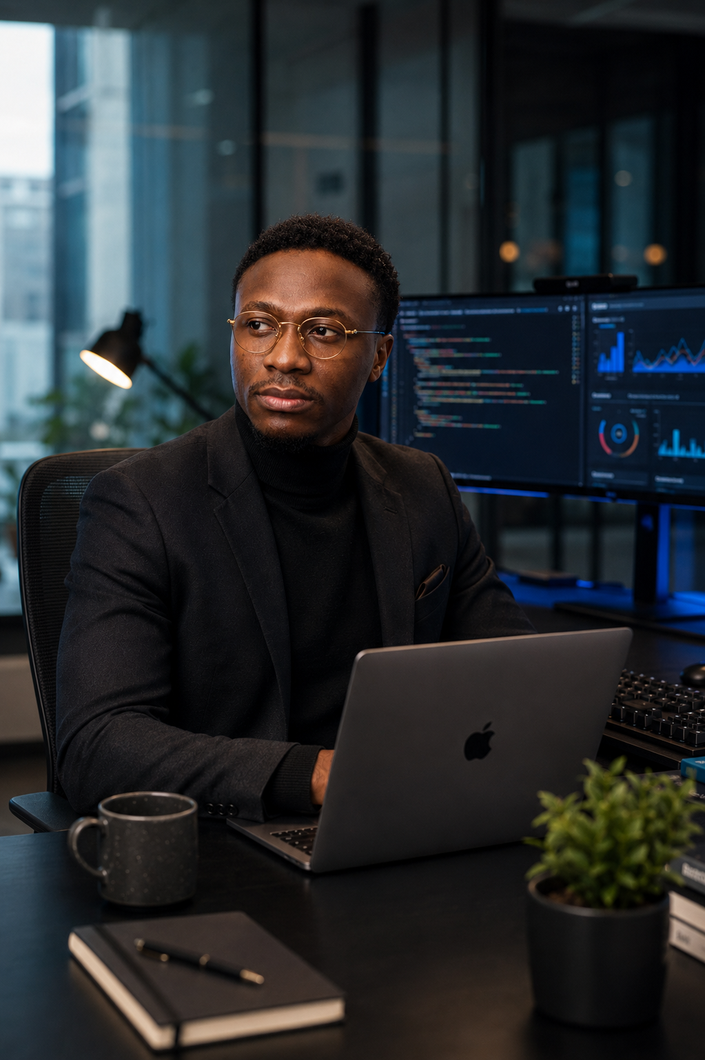 A founder working late on his company's finances in a dark office