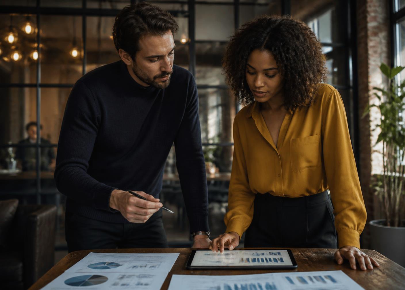 Two co-founders reviewing ownership charts and a cap table together